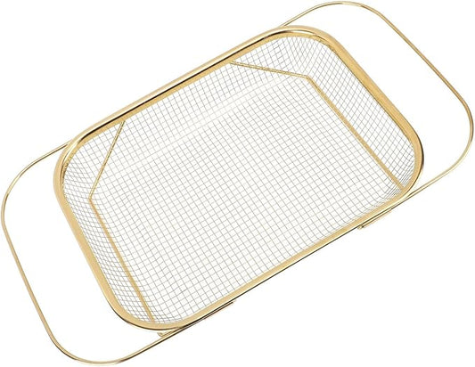 Over the Sink Colander, Expandable Baskets with Fine Mesh Strainer Handle Stainless Steel Rectangle Kitchen Colanders for Strain Drain Rinse Fruits Vegetables Pasta New Home Essentials (Gold)