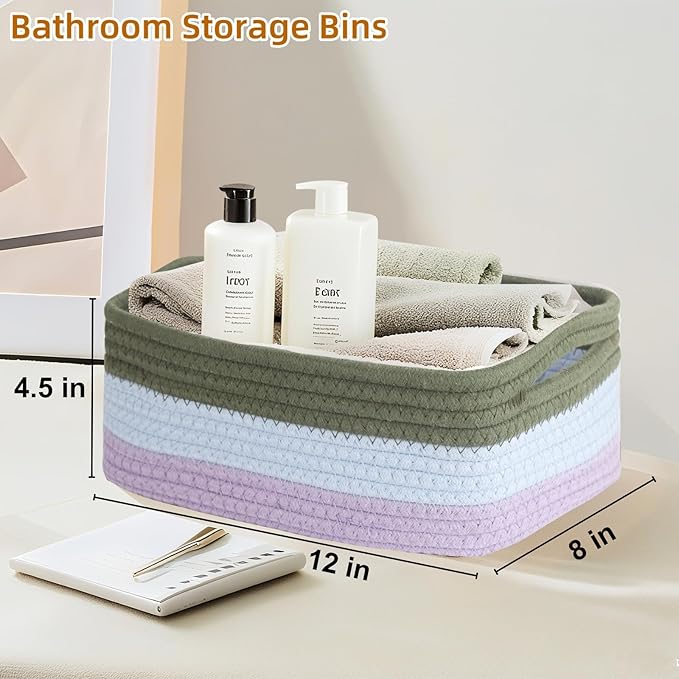 2 Pack Storage Baskets for Organizing, Small Storage Bins for Shelves, Woven Cotton Rope Baskets with Handles, Organizer Baskets for Gifts Empty, 12''Lx8''Wx4.5''H (Rainbow)
