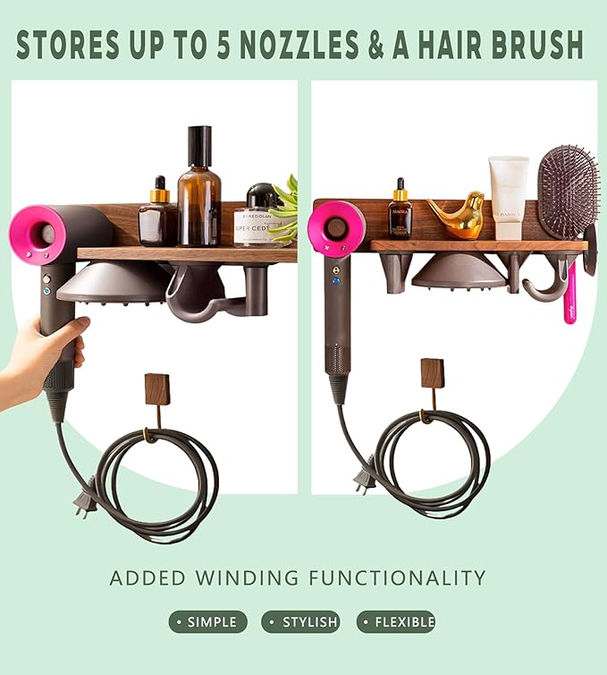 for Dyson Supersonic Hair Dryer Wall Mount Holder Stand- 5 Hole Magnetic Walnut Storage Rack for Blow Dryer & Attachments (nail-free model