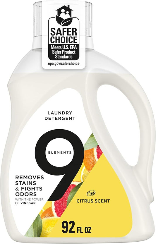 9 Elements Liquid Laundry Detergent, Citrus Scent, Vinegar Powered, 92 fl oz, 1 count