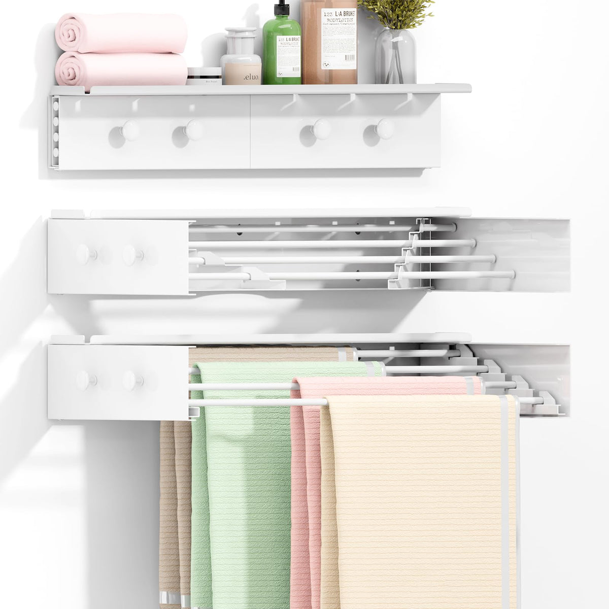 BAKON Wall Mounted Drying Rack with 4 Hooks and Shelf - Image 1