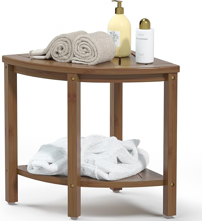 Bamboo Corner Shower Bench Waterproof Stool with Space-Efficient Storage Shelf - Shower Stool Seat for Indoor or Outdoor Use(Walnut)