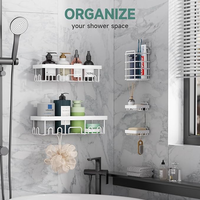 5-Piece Drill-Free Shower Caddy Set - Heavy Duty Adhesive Bathroom Organizer with Soap & Toothbrush Holders