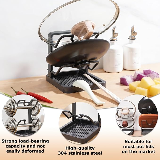 Kitchen Pot Lid Storage Rack, Carbon Steel Pot Lid Holder While Cooking,Countertop Pot Lid Organizer with Tray,Multifunctional Kitchen Utensil Organizer for Spatula,Ladle,Cutting Board (Gray,Double)