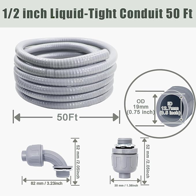 Liquid-Tight Conduit and Connector Kit - 1/2 Inch 50 FT Non Metallic Liquid Tight Electrical Conduit with 5 Straight and 5 Angle Fittings