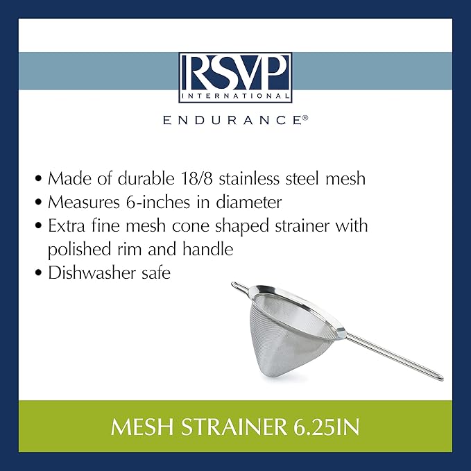 RSVP International Endurance Kitchen Collection, Stainless Steel Fine Mesh Conical Sieve/Colander, Multi-Purpose for Cooking, Baking, Loose Leaf Tea, Bar Strainer Cocktails, 6.25-Inch