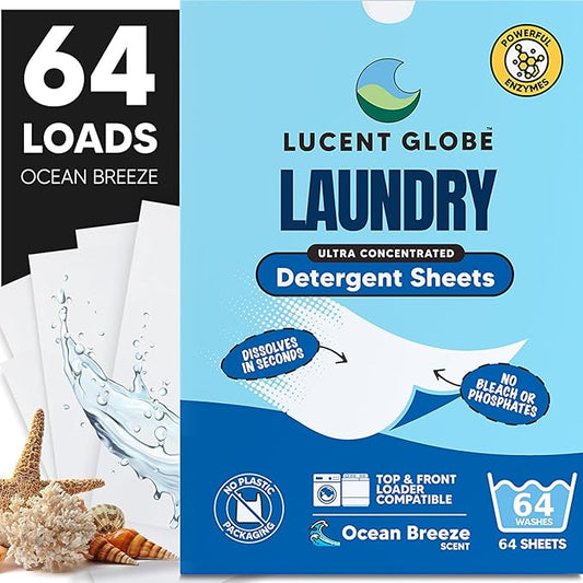 Lucent Globe Laundry Detergent Sheets. Pre-Measured Laundry Sheets. Powerful Stain Removal. Works in All Clothes Washers. (1 Pack - 64 Washes, Ocean Breeze)