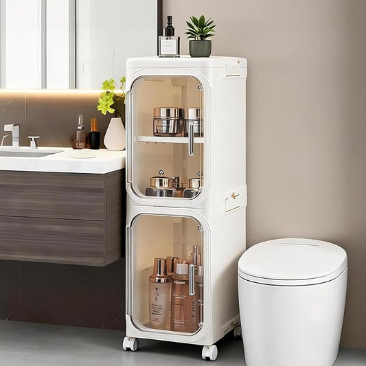 2-Tier Narrow Bathroom Storage Cabinet with Wheels, Plastic Slim Organizer with Adjustable Shelves for Small Spaces,Bathroom, Kitchen, Laundry,Milky White