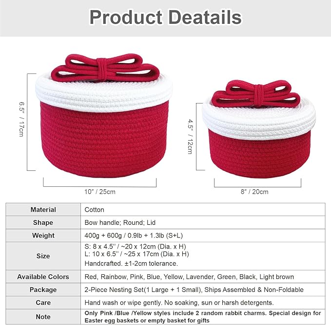 Small Storage Baskets with Lids, Round Woven Rope Basket with Lid; Cute Storage Box for Toy, Gift or Home Decor; Small Decorative Bin with Chic Bow Handle Design (Red)