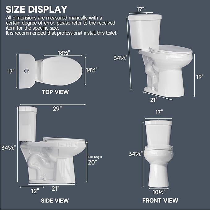 Elongated Tall Toilet 19 Inch for Bathroom 1.1/1.6 GPF Tornado Dual Flush - Two Piece Comfort ADA High Toilet for Seniors, 19 Inch Bowl Height 20 Inch Seat Height, 19" Rough In, White