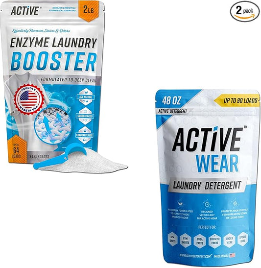 ACTIVE Enzyme Laundry Booster and Active Wear Laundry Detergent - Includes 2LB Detergent Boosting Powder and 3LB Gym Laundry Detergent Powder