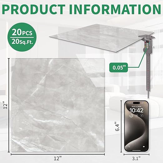 20-Pack Peel and Stick Floor Tiles Vinyl Floor 12 x 12 inch Self Adhesive Waterproof Glossy Flooring Planks DIY for Bathroom, Kitchen, Living Room, RV, Cover 20 Sq. Ft, Polish Light Grey Marble