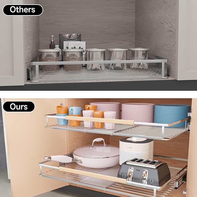 1Pack Expandable Pull Out Cabinet Organizer, Slide Out Drawers for Kitchen Cabinets, Heavy Duty Drawer Slides for Home Kitchen Pantry Cupboard Pots Pans, Adjustable Width 12.3"~18.5" W x 22.5''D