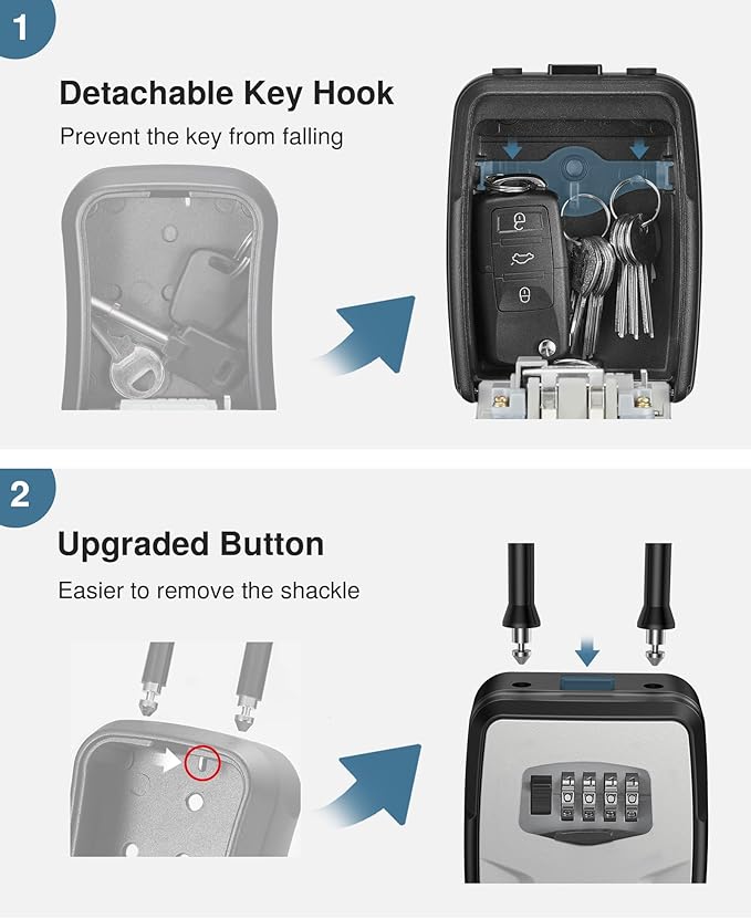 Puroma Large Key Lockbox with Hook, Resettable Combination Code Lock Box, Waterproof Security Wall Mount Lock Box with Shackle for Outdoor, Home, Door Handle Apartment Key Storage (1 Pack, Gray)