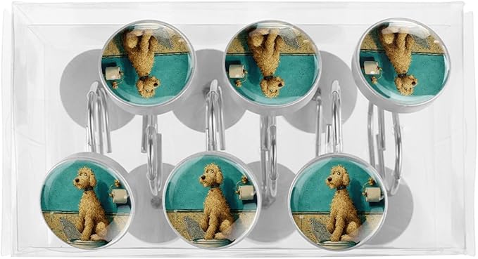 Dog on The Toilet Shower Curtain Hooks 12Pcs, Decorative Rust Resistant Shower Rings for Shower Curtain Rods, Stainless Steel Round Curtain Hooks for Bathroom, Bedroom, Farmhouse