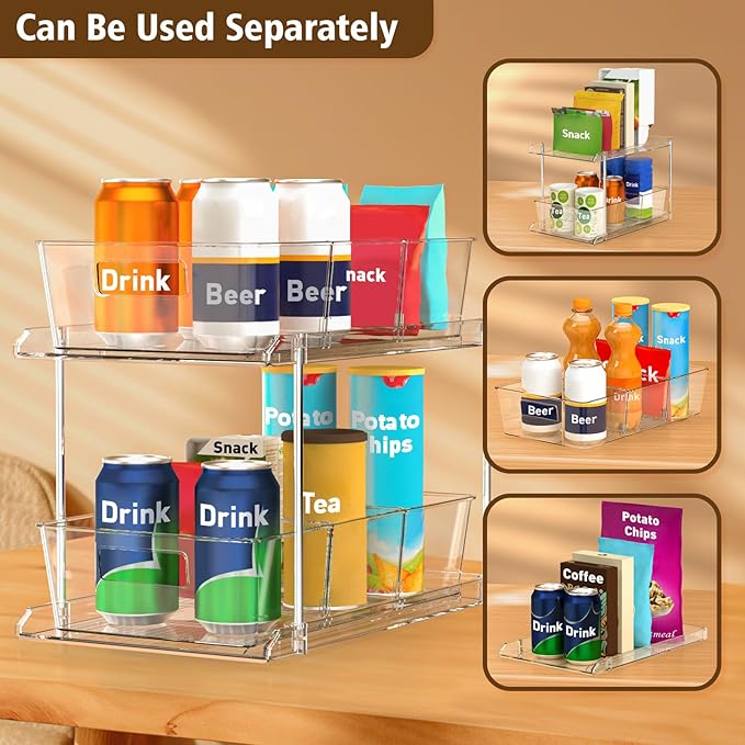 Pull-out Home Organizer, 2 Pack 2 Tier Clear Bathroom Organizer with Dividers, Multipurpose Vanity Counter Tray, Kitchen, Closet Organizers, Cabinet & Storage Container Bins