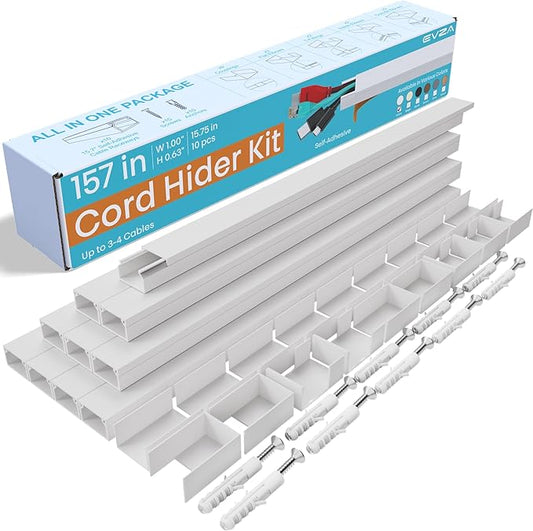 Cord Hider, Wire Cover, Cord Covers Wall Mounted TV, Cable Hider, 157 in Paintable White Raceway Kit, Electrical Cords Concealer, Cable Management, Hide Cords Wall, Wire Molding, Adhesive Channel
