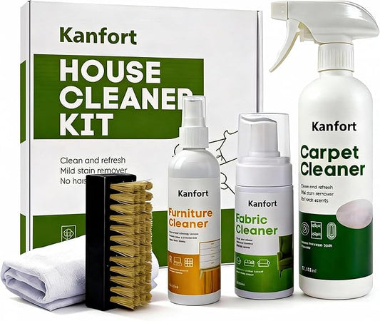 Carpet & Upholstery Cleaner 5-Piece Set, Fast Action Stain Remover for Furniture, Fabric, Sofa, Car Seats & Clothes - Includes Brush and Towel - Safe for Kids and Pets, Includes Brush & Towel