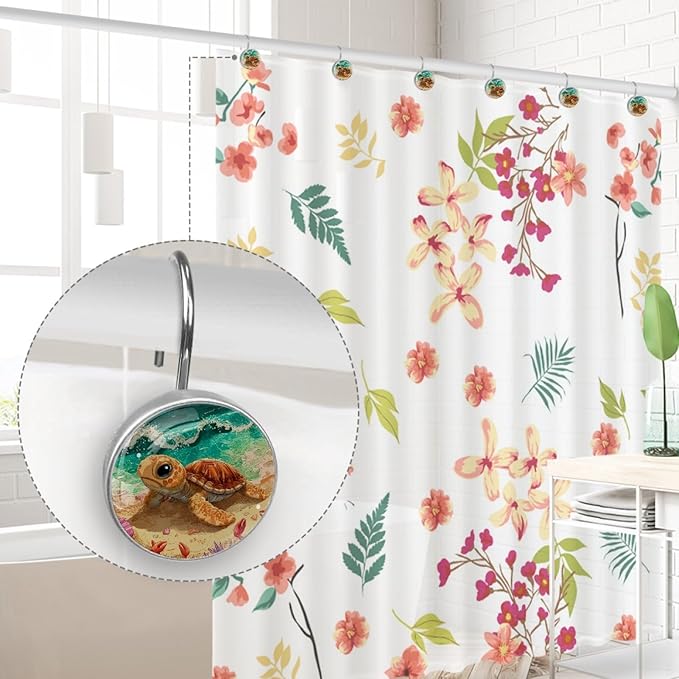Beach Cartoon Ocean Turtle Shower Curtain Hooks Rings, Stainless Steel Rust Proof Shower Curtain Hooks, Decorative Shower Hooks for Bathroom Shower Rods Curtains, Set of 12