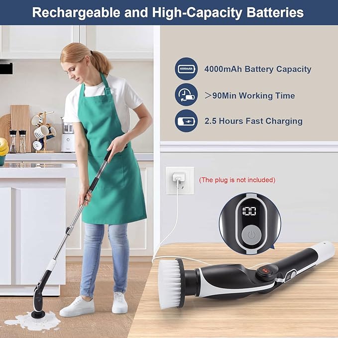 FIXM Electric Spin Scrubber with 4 Adjustable Angles & 11 Brush Heads, Effortless Cleaning for Bathroom, Tub, Tile, and Floors, Powerful, Lightweight & Cordless