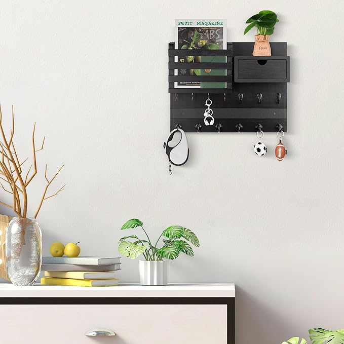 Nekon Key Holder Wall Mount, Rustic Mail and Keys Shelf for Wall Organization with 13 Hooks, Home Decor Accessory with Drawer, Black