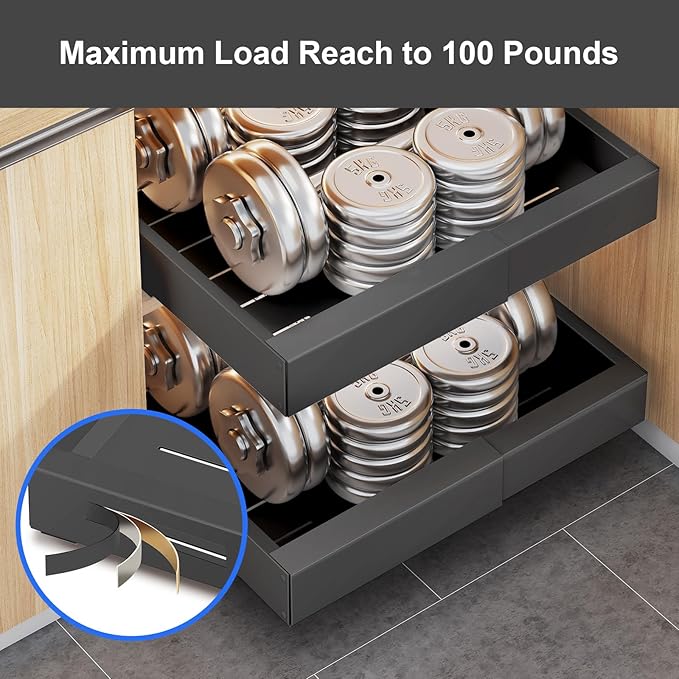 2Pack Expandable Pull Out Cabinet Organizer 21" Deep with Raising Pad for Framed Cabinets, Roll Out Shelves Adhesive, Adjustable Width 12.24"-20.5" W