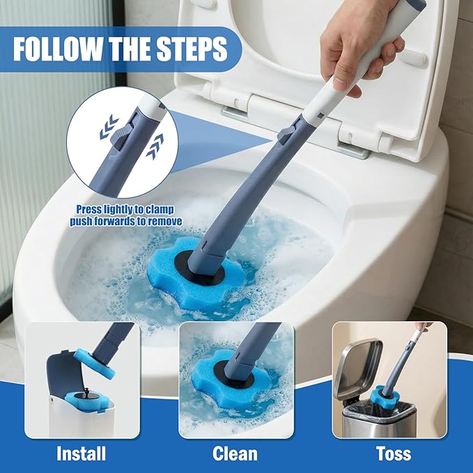 Disposable Toilet Brush with 8 Refills,Toilet Wand Brush Cleaning Kit,Wall Mounted Toilet Bowl Cleaner Set with Holder for Bathroom Deep Cleaning & Hygiene Local Stock- Blue & White