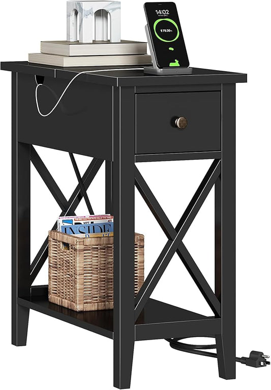 ChooChoo End Table with Charging Station, Narrow Side Table with USB Ports and Outlets, Nightstand with Drawer, for Small Spaces, Bedside Tables for Living Room, Black