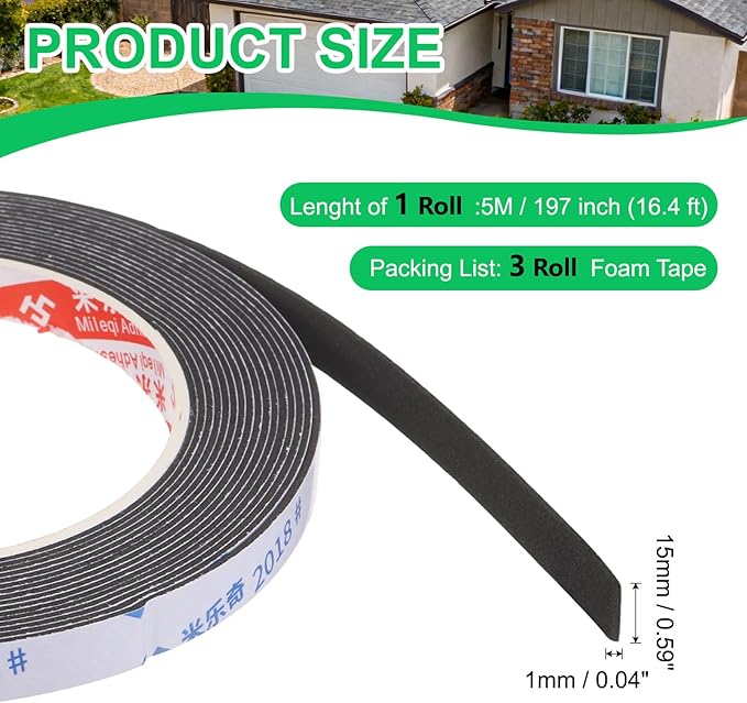 PATIKIL 3Roll Sponge Rubber Foam Tape, 5/8" W x 1/32" t x 16.4ft l Self-Adhesive Foam Insulation Tape Weather Stripping for Window Door Soundproofing Weatherstrip AC Seal Strip, Black