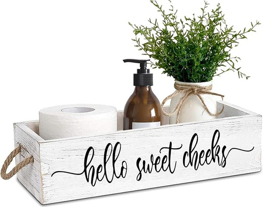 PZJIEAN Funny 2 Sides Hello Sweet Cheeks White Bathroom Decor Box with Handle, Farmhouse Bathroom Decor Box for Toilet Paper, Back of Toilet Organizer
