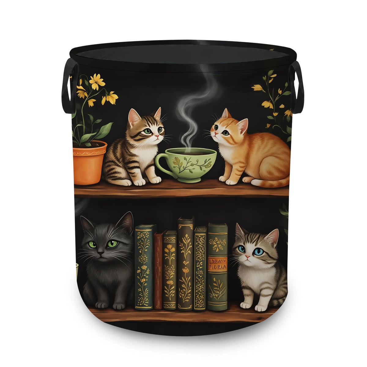Laundry Basket,Cat Bookshelf Foldable Clothes Hamper with Handles - Image 1