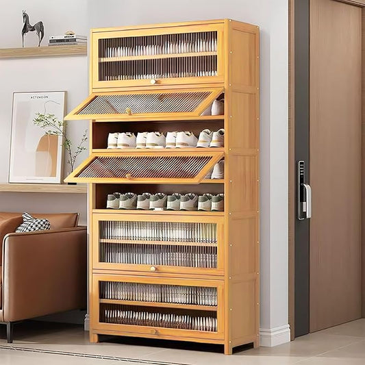 Tall Shoe Cabinet with Acrylic Doors, 10-Tier Large Capacity Bamboo Shoe Cabinet, 40-45 Pairs Freestanding Shoe Rack & Shoe Organizer for Closet Entrance, Hallway, Living Room, Bedroom