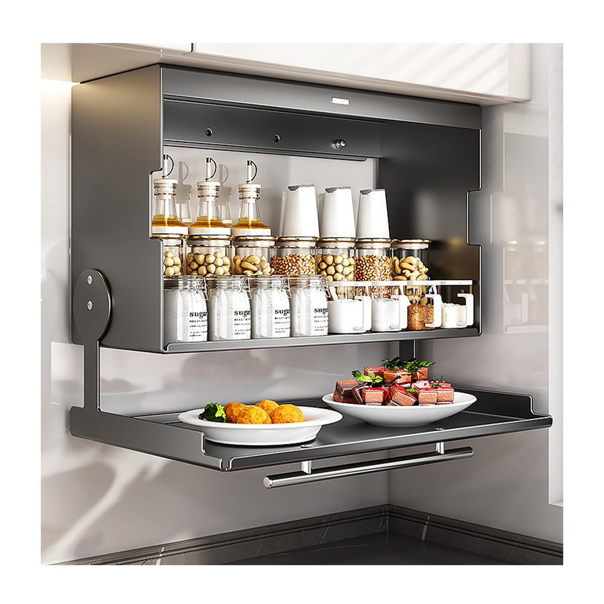 2 Tier Pull-Out Cabinet Organizer 90° Drop-Down Shelf - Image 1