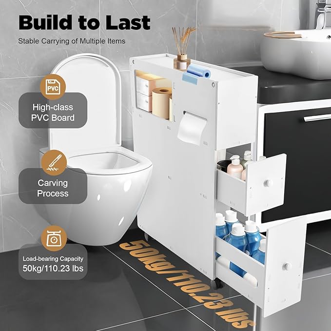 4-Tiers Small Spaces Cabinet for Bathroom, Narrow Toilet Side Organizer with Toilet Paper Slots and 2 Drawers, 4 Movable Wheels, PVC Material, BPA Free