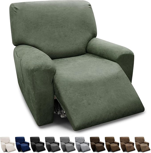 Chair Covers 4-Pieces Recliner Chair Covers 1 Seater Cover for Recliner Chair Leather Look Recliner Slipcovers with Pockets Spandex Fabric Furniture Covers(XL Recliner, Army Green)