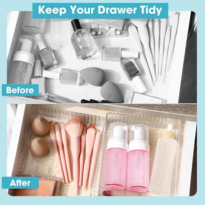 8 Pcs Clear Drawer Organizers Bins Stackable Makeup and Vanity Organizer Trays Clear Plastic Drawer Organizers Set for Office Desk Dividers(9.9 x 6.3 x 1.8 Inches)