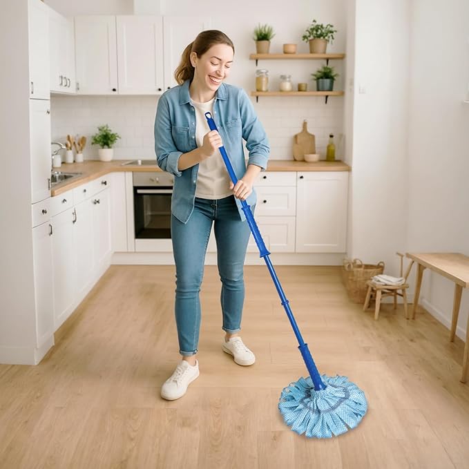 Superio String Cotton Mop for Hardwood Floors, Self-Wringing, Heavy-Duty Commercial/Industrial Use with Aluminum Handle – Blue, 2 Pack