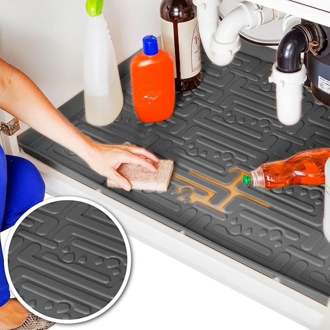 XTREME MATS Waterproof Undersink Mat (Gray 37" 1/4 x 19 1/4) Cabinet Base Liner for Bathroom Vanity Cabinets Catches Leaks Prevents Damage Flexible Driptray