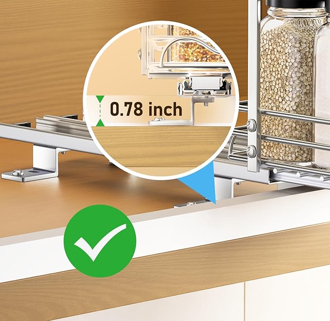 2 Tier Pull Out Spice Rack Organizer for Cabinet，Heavy-Duty Slide Rails with Raised Base Pull Out Spice Drawer Organizer, Fits Pantry & Kitchen Cabinets, 5.5''Wx10.63''Dx10.04''H