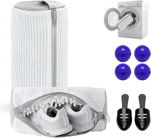 2PCS Shoe Washing Machine Bag with Pair of Shoes Tree and 4 Deodorizer Balls, Durable Zipper Reusable Shoe Washing Bag with 20000+ Fluffy Fiber Lining For 360° Cleaning for Sneakers