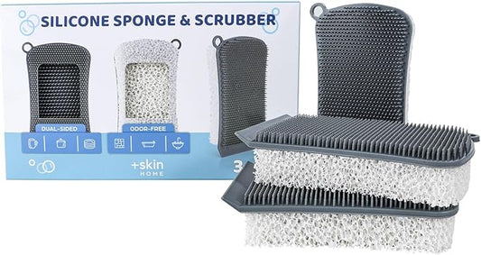 Silicone Sponge & Scrubber – 2-in-1 Non-Scratch Dishwashing for Dishes, Pots & Pans, Reusable Kitchen Sponge with Soft Bristles & Foam (Dual-Sided Design) (Gray/White)