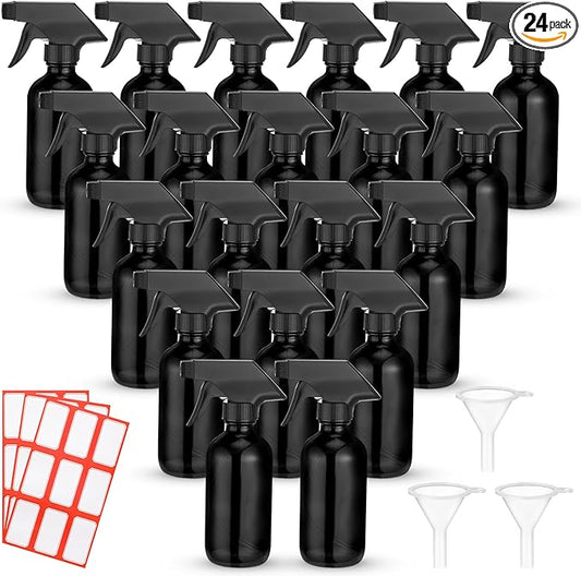 Norme 24 Pcs Glass Spray Bottles with Funnels and Labels 8 oz Refillable Cosmetic Empty Spray Containers with Trigger Squirt Containers for Essential Oil Cleaning Solutions(Black)