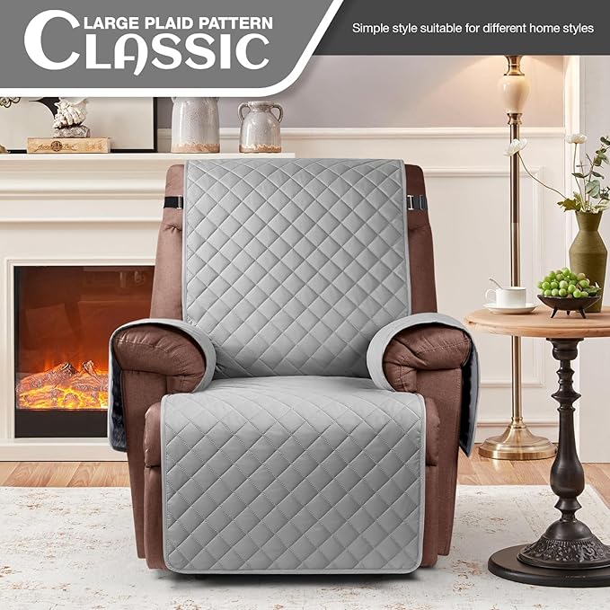 KinCam 100% Waterproof Recliner Chair Cover, Reclining Couch Covers for Pets, Dogs, Recliner Couch Slipcover Furniture Protector with Elastic Straps for Kids(28", Light Gray)