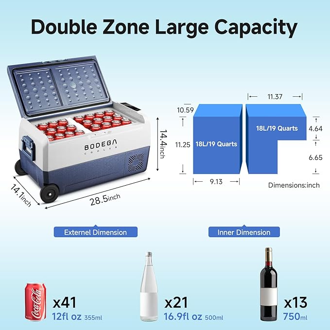 BODEGACOOLER 12 Volt Car Refrigerator,38 Quart Portable Freezer Fridge,Car Fridge Dual Zone WIFI APP Control,(36L)-4℉-68℉Car Cooler 12/24V DC and 100-240V AC for Outdoor,RV,Travel,Camping