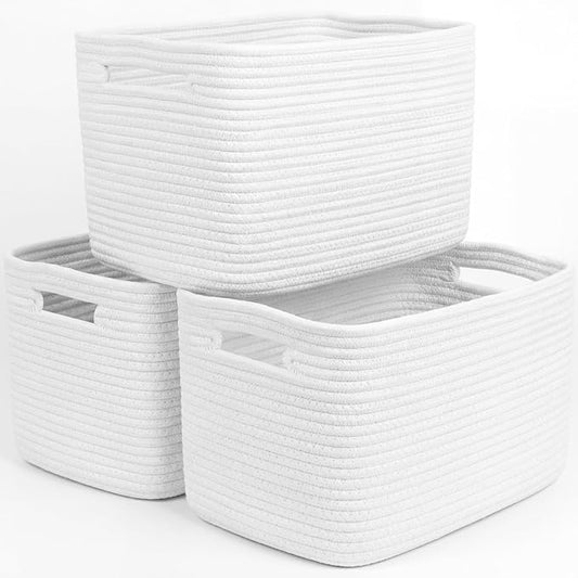 Storage Baskets for Organizing, 14 x 10 x 9” Closet Shelf Woven Baskets, Square Bins with Handles, Cotton Rope Basket for Toys, Clothes, Office, Room, White 3 Pack