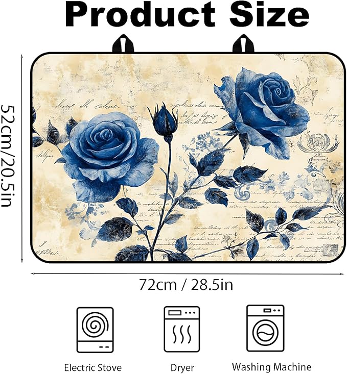 Glass Stove Top Covers for Electric Stove, Heat Resistant Counter Protector Mat, Non Slip Waterproof Surface Cover for Kitchen Counter and Cooktop (Blue Roses, 28"L x 20"W)