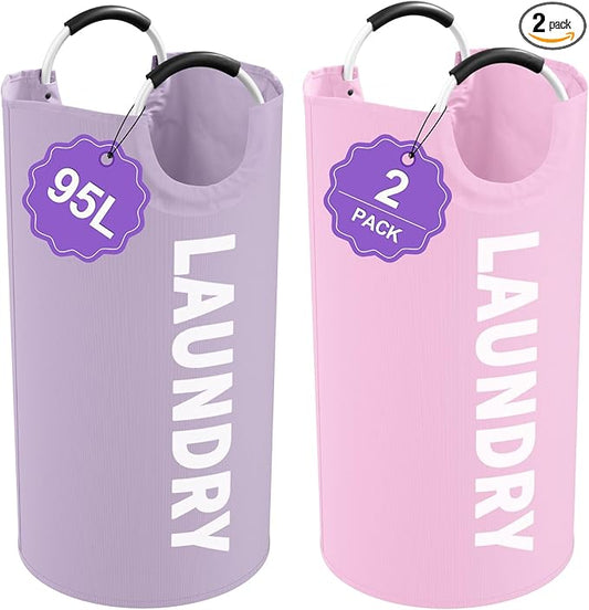 2Pcs 95L Purple + Pink Laundry Basket, Folding Laundry Hampers for Women with Soft Handles, Freestanding Dirty Clothes Basket, Sturdy Oxford Fabric Clothes Hampers for Travel, Dormitory