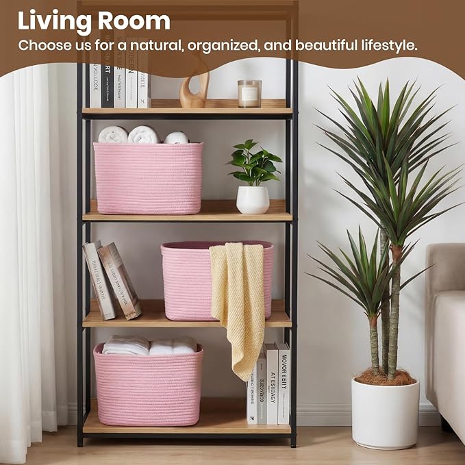 Storage Baskets for Organizing, 14 x 10 x 9” Closet Shelf Woven Baskets, Square Bins with Handles, Cotton Rope Basket for Toys, Clothes, Office, Room, Pink 3 Pack