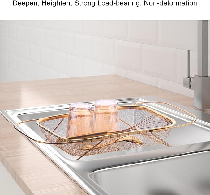 Over The Sink Colander, Rectangle Stainless Steel Over The Sink Strainer Basket For Kitchen Sink with Handles Fine Mesh Expandable Handy Kitchen Tool Kitchen Essentials (Rose Gold)