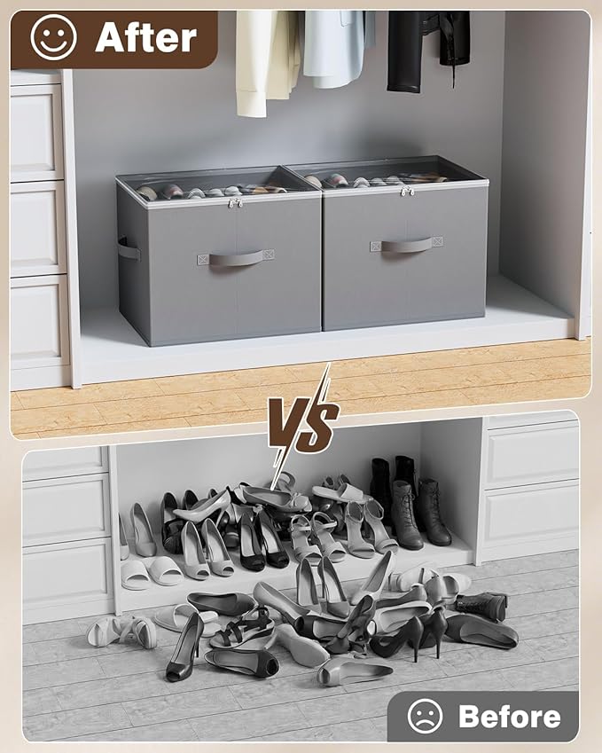 HOUSE AGAIN Shoe Organizer for Closet, 2 Pack Shoe Storage Organizer with Wheels, Foldable Shoe Storage Box with Adjustable Dividers and Clear Cover, Reinforced Handles, Fits up to 16-32 Pairs, Gray